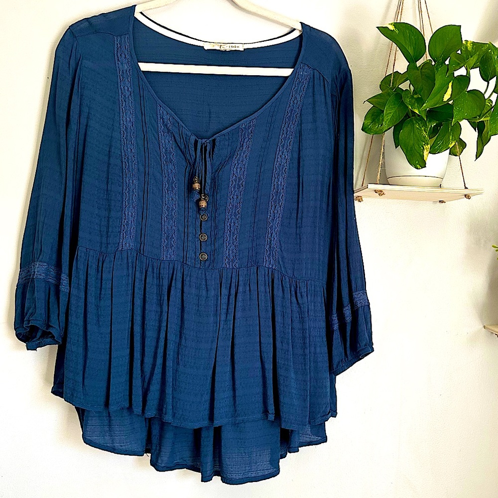 REWIND Navy Blue 3/4 Sleeve Flowy Spring BOHO Top SZ EXTRA LARGE (fits like M) - Picture 2 of 6